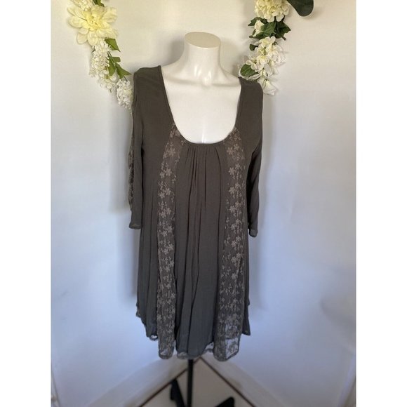 World Market Grey Mini Flare Dress Tunic Women S/M Lace Accents Long Sleeve Vtg - Picture 1 of 16